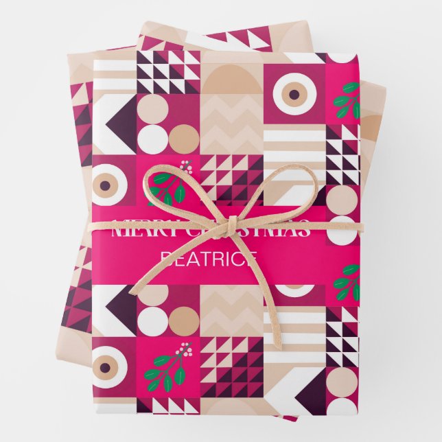 Pink Modern Geometric Christmas Named Wrapping Paper Sheet (In situ)