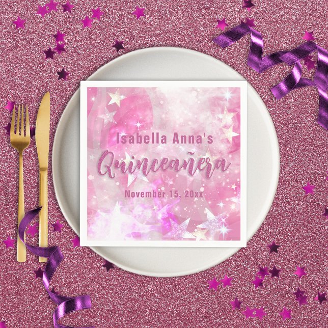 Pink Modern Glam Gleaming Starry Quinceañera Napkin (Creator Uploaded)