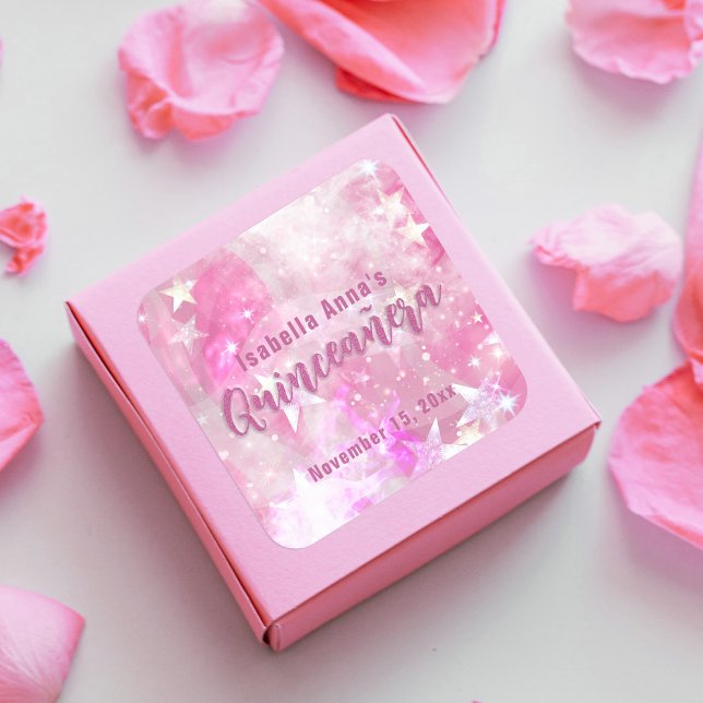 Pink Modern Glam Gleaming Starry Quinceañera Square Sticker (Creator Uploaded)