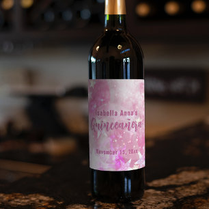 Pink Modern Glam Gleaming Starry Quinceañera Wine Label