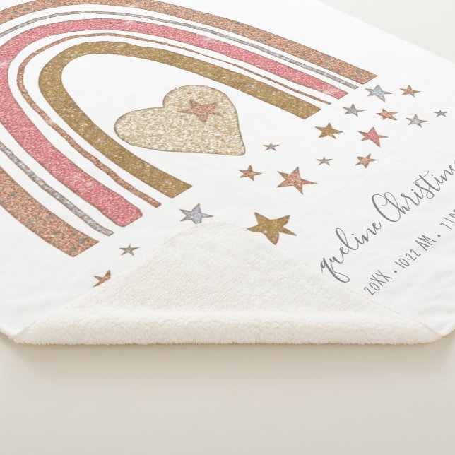 Pink Modern Glitter Rainbow Birth Stats Girl Baby Sherpa Blanket (3/4)