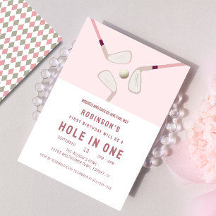Pink Modern Hole in One Par-tee golf birthday Invitation