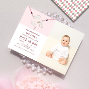 Pink Modern Hole in One Partee golf birthday Photo Invitation