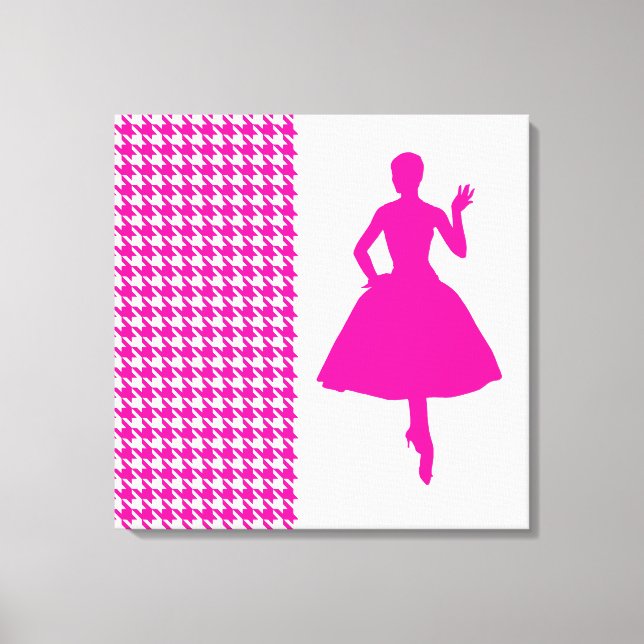 Pink Modern Houndstooth w/ fashion Silhouette Canvas Print (Front)