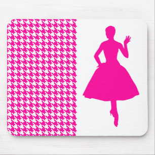Pink Modern Houndstooth w/ Fashion Silhouette Mouse Mat