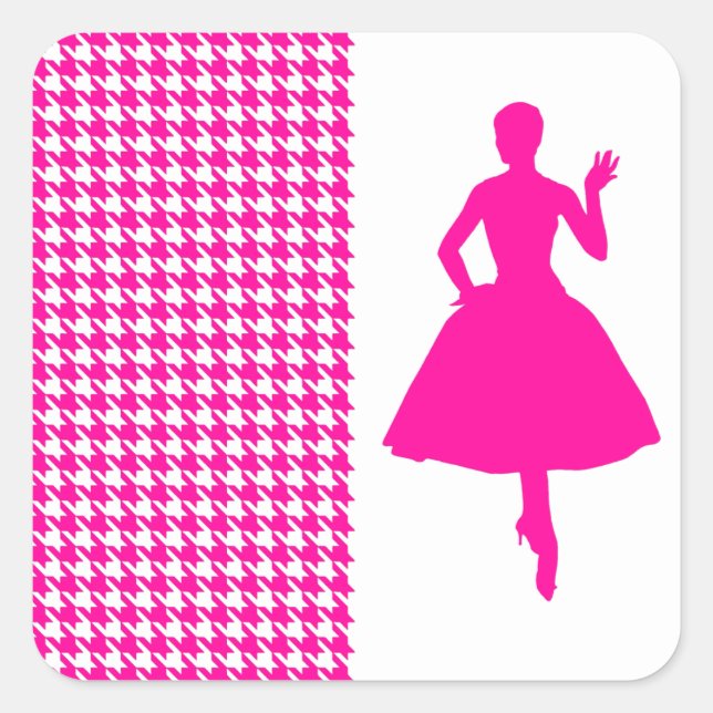Pink Modern Houndstooth w/ Fashion Silhouette Square Sticker (Front)