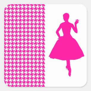 Pink Modern Houndstooth w/ Fashion Silhouette Square Sticker
