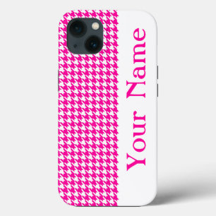 Pink Modern Houndstooth with name iPhone 13 Case