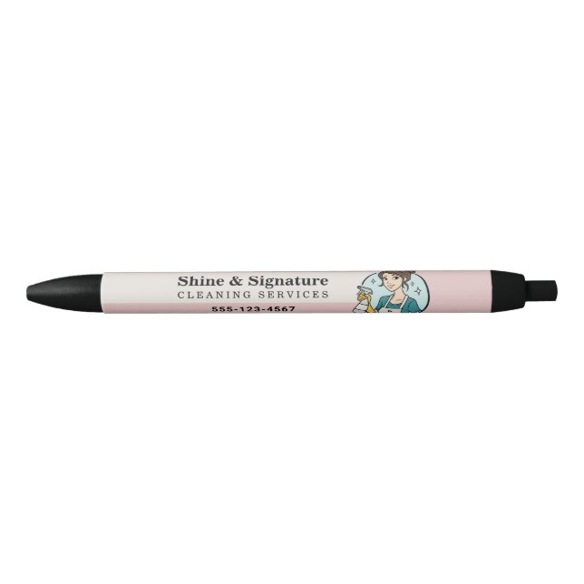 Pink Modern Maid Cleaning Services Black Ink Pen (Front)