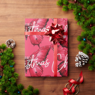 Pink Modern Merry Christmas Butterfly Wrapping Paper