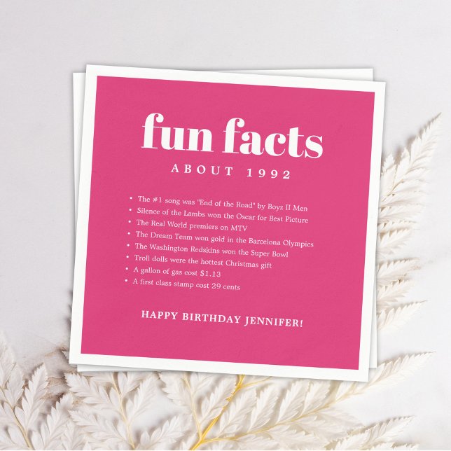Pink Modern Minimal Fun Facts Birthday Year Napkin (Creator Uploaded)