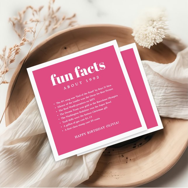 Pink Modern Minimal Fun Facts Birthday Year  Napkin (Creator Uploaded)