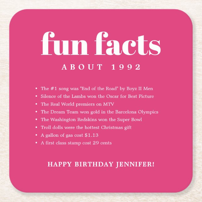 Pink Modern Minimal Fun Facts Birthday Year Square Paper Coaster (Front)