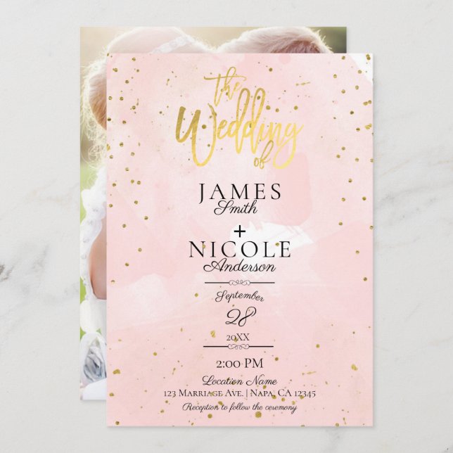 Pink Modern Minimal Gold Foil Full Photo Wedding Invitation (Front/Back)