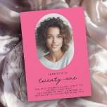Pink Modern Minimal Photo 21st Birthday  Invitation<br><div class="desc">Simple, minimal and so very stylish, this birthday party invitation celebrates someone turning 21. The simple modern design in bold pink background and deep charcoal text places the emphasis on the guest of honour as they prepare to celebrate this important milestone birthday. The unique oval frame has a photo template...</div>