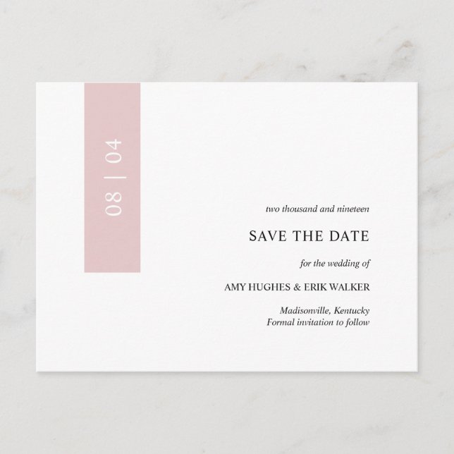 Pink Modern Minimal Simple Wedding Save the Date Announcement Postcard (Front)
