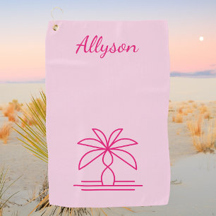 Pink Modern Minimalist Palm Tree Personalised  Golf Towel