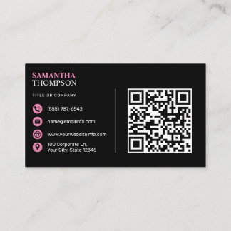 Pink Modern Minimalist Professional QR Code Black Business Card