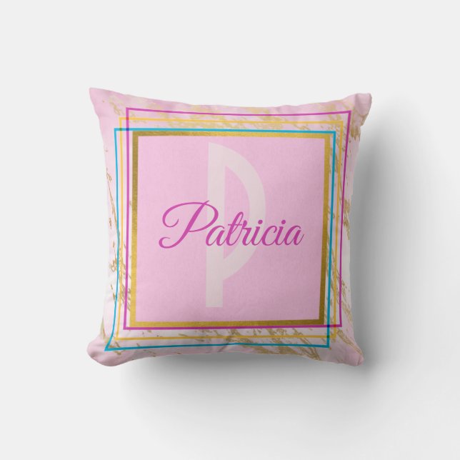 Pink Modern Minimalist Unique Girly Monogram Name Cushion (Front)
