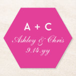 Pink Modern Personalised Wedding Reception Favour Paper Coaster<br><div class="desc">Bright Pink White Modern Coasters,  Custom Wedding Reception Favour Gift,  Personalised Elegant Vow Renewal Coaster,  winter spring summer autumn party,  engagement hexagon paper for drink,  guests personalised newly wed couple,  rehearsal dinner thank you anniversary,  bridal shower bachelorette bach trip,  hen do night welcome present,  chic from them minimalist minimal</div>