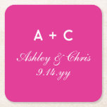 Pink Modern Personalised Wedding Reception Favour Square Paper Coaster<br><div class="desc">Bright Pink White Modern Coasters,  Custom Wedding Reception Favour Gift,  Personalised Elegant Vow Renewal Coaster,  winter spring summer autumn party,  engagement square paper for drink,  guests personalised newly wed couple,  rehearsal dinner thank you anniversary,  bridal shower bachelorette bach trip,  hen do night welcome present,  chic from them minimalist minimal</div>