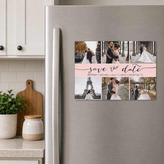 Pink Modern Photo Collage Save the Date (Romantic blush pink six photo save the date magnet featuring elegant handwritten script typography)