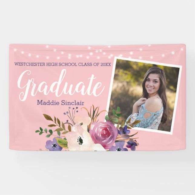 Pink Modern Photo Floral String Lights Graduation Banner (Horizontal)