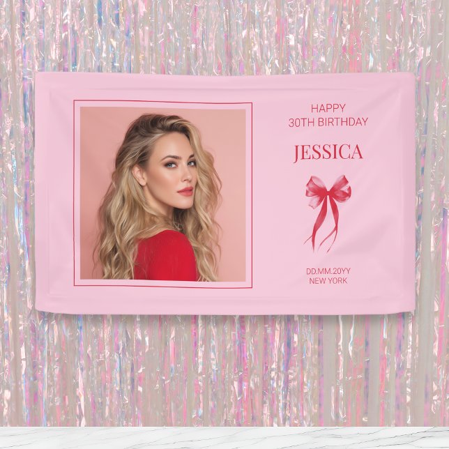 Pink Modern Photo Thirty Bow Happy 30th Birthday Banner (Pink Modern Photo Thirty Bow Happy 30th Birthday Banner)