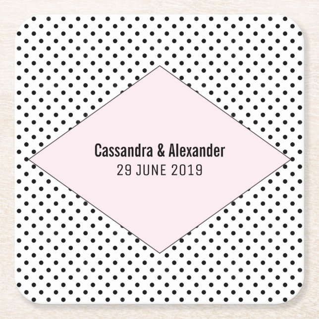 Pink Modern Polka Dots Wedding Square Paper Coaster (Front)