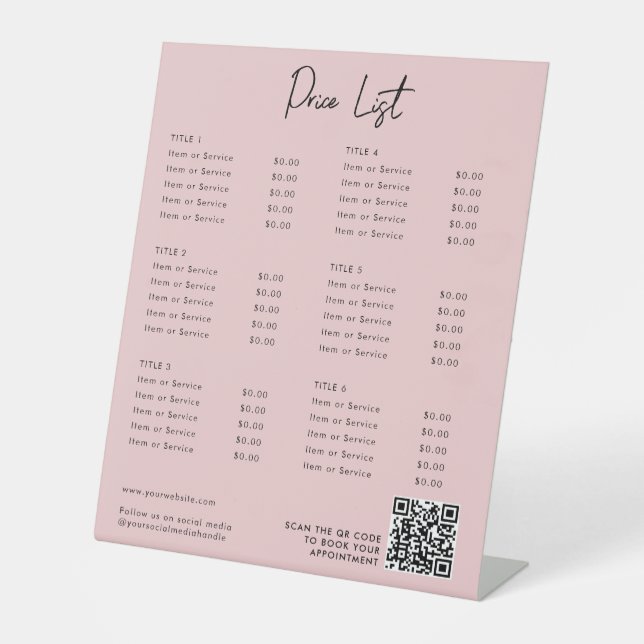 Pink Modern Price List Menu QR Code Social Media Pedestal Sign (Front)