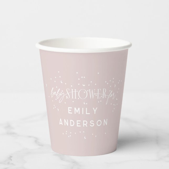 Pink Modern Rainbow and stars White Baby Shower Paper Cups (Front)