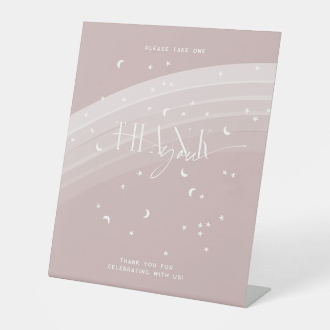 Pink Modern Rainbow and stars White Baby Shower Pedestal Sign (Front)