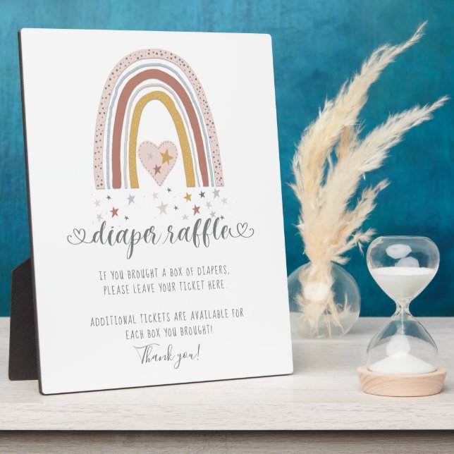 Pink Modern Rainbow Heart Stars Diaper Raffle Sign Plaque (Side)