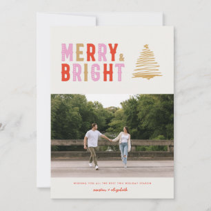 PINK MODERN RETRO MERRY & BRIGHT 1 Photo Card