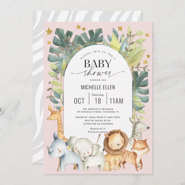 pink modern safari cute baby animals girl shower invitation (Front/Back)