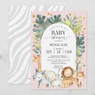 pink modern safari cute baby animals girl shower invitation