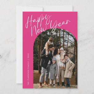Pink Modern Script Happy New Year Arch 2 Photo Holiday Card