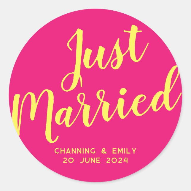 Pink Modern Script Just Married Classic Round Sticker (Front)