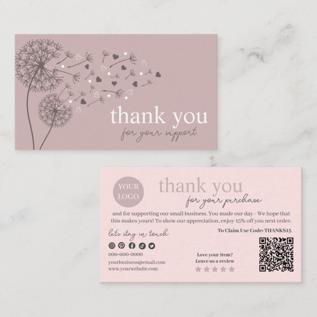Pink Modern Script QR Code, Thank You  Business Card (Front/Back)