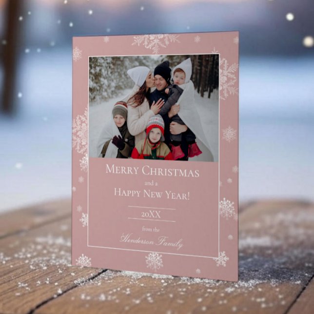 Pink Modern Snowflakes Flat Holiday Photo Card (Pink Modern Snowflakes Holiday Photo Card)