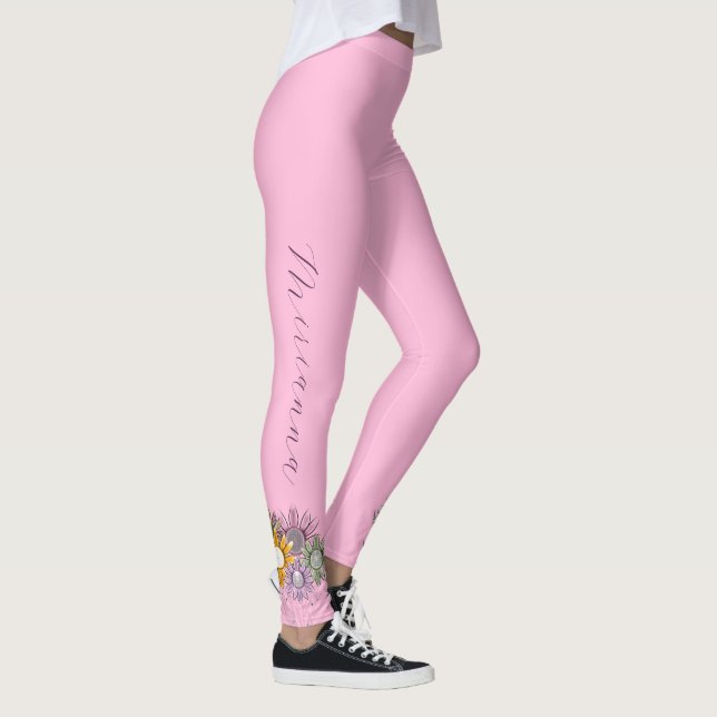 Pink Modern Spring Summer Pastel Daisy Florals Leggings (Right)