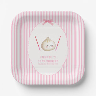 Pink Modern Stripe Bow Asian Dumpling Baby Shower  Paper Plate