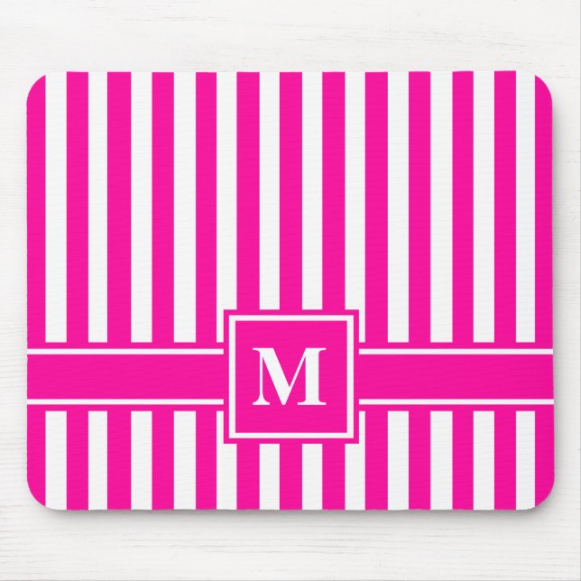 Pink Modern Stripe with Monogram Mouse Mat (Front)