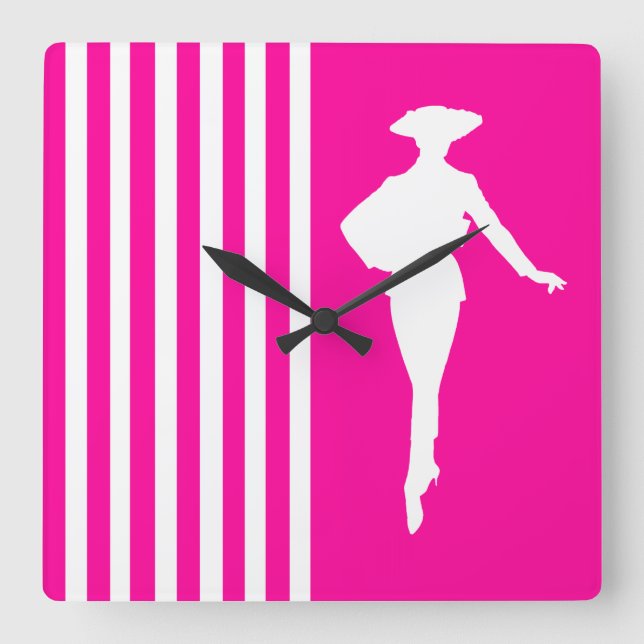 Pink Modern Stripes with Fashion Silhouette Square Wall Clock (Front)