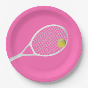 Pink Modern Tennis Ball White Racket  Paper Plate