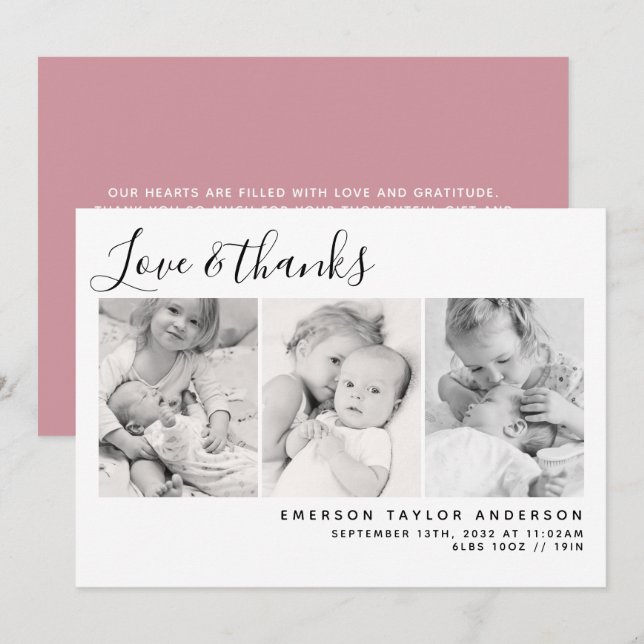 Pink Modern Three Photos New Baby Thank You Card (Front/Back)