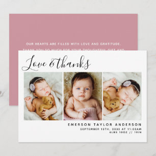 Pink Modern Three Photos New Baby Thank You Card