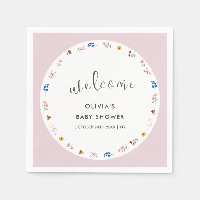 Pink Modern Tiny Wildflower Baby Shower Welcome Napkin (Front)