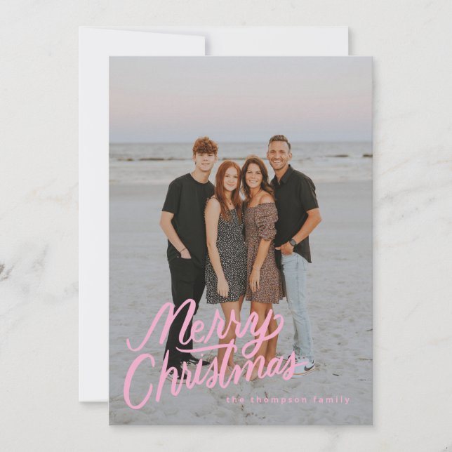 Pink Modern Trendy Merry Christmas 1 Photo Family Holiday Card (Front)
