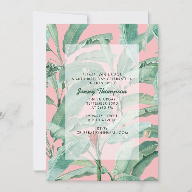 Pink Modern Tropical Banana Palm Leaves Birthday Invitation (Front)